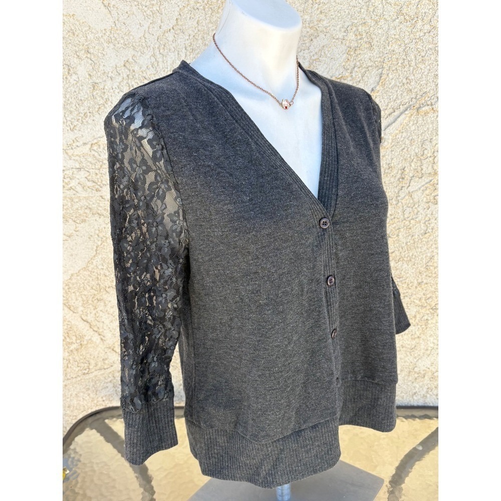 Y2K Tralilbee Gray Lace Sleeve Button Front Cardigan Sweater Large Womens #5 - Picture 3 of 5